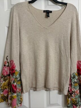 INC International Concepts Beige V-Neck Sweater with Floral Bell Sleeve Detail